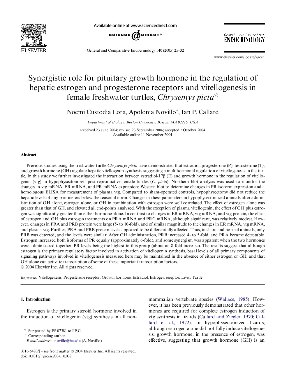 Synergistic role for pituitary growth hormone in the regulation of hepatic estrogen and progesterone receptors and vitellogenesis in female freshwater turtles, Chrysemys picta