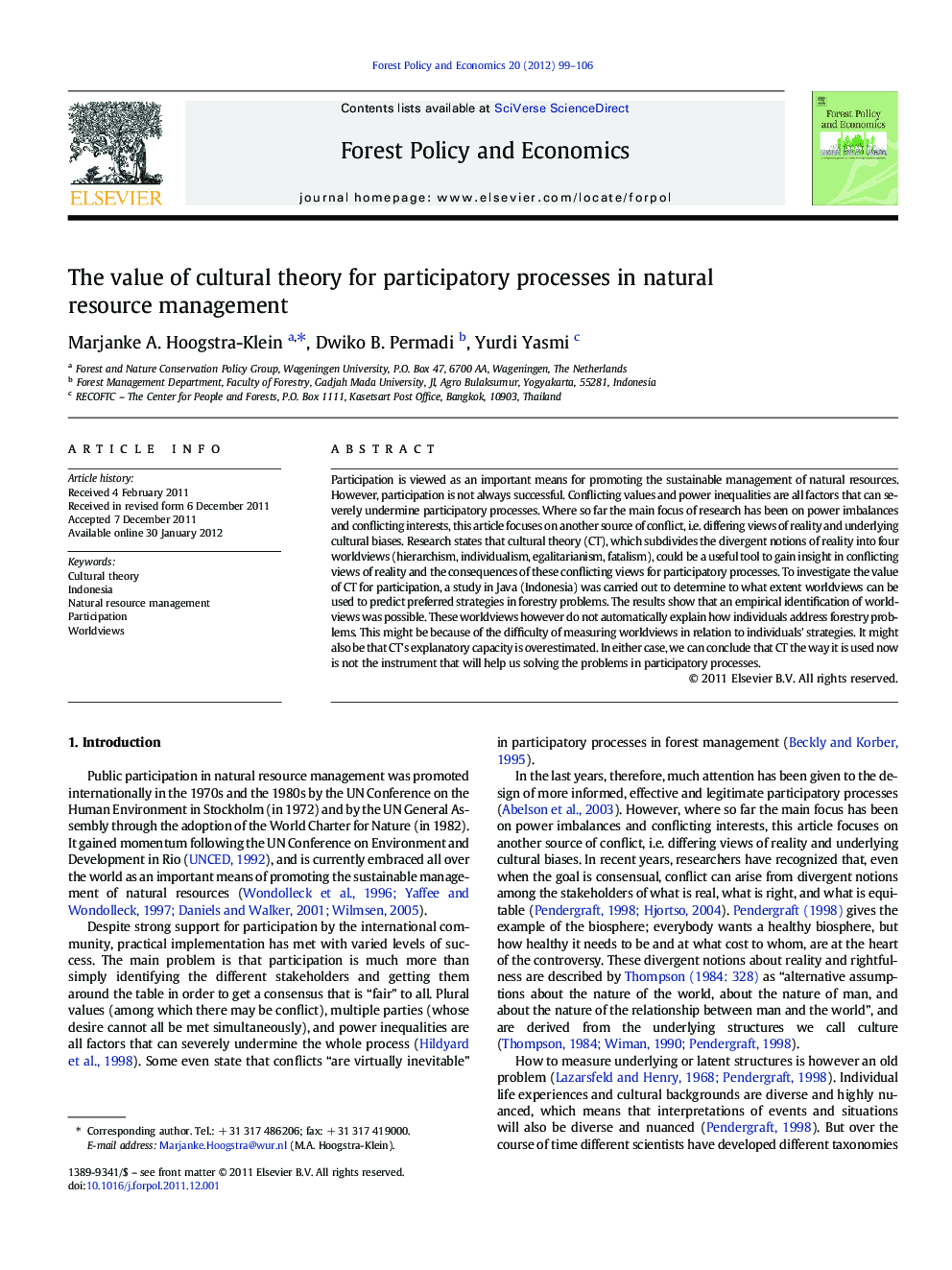 The value of cultural theory for participatory processes in natural resource management