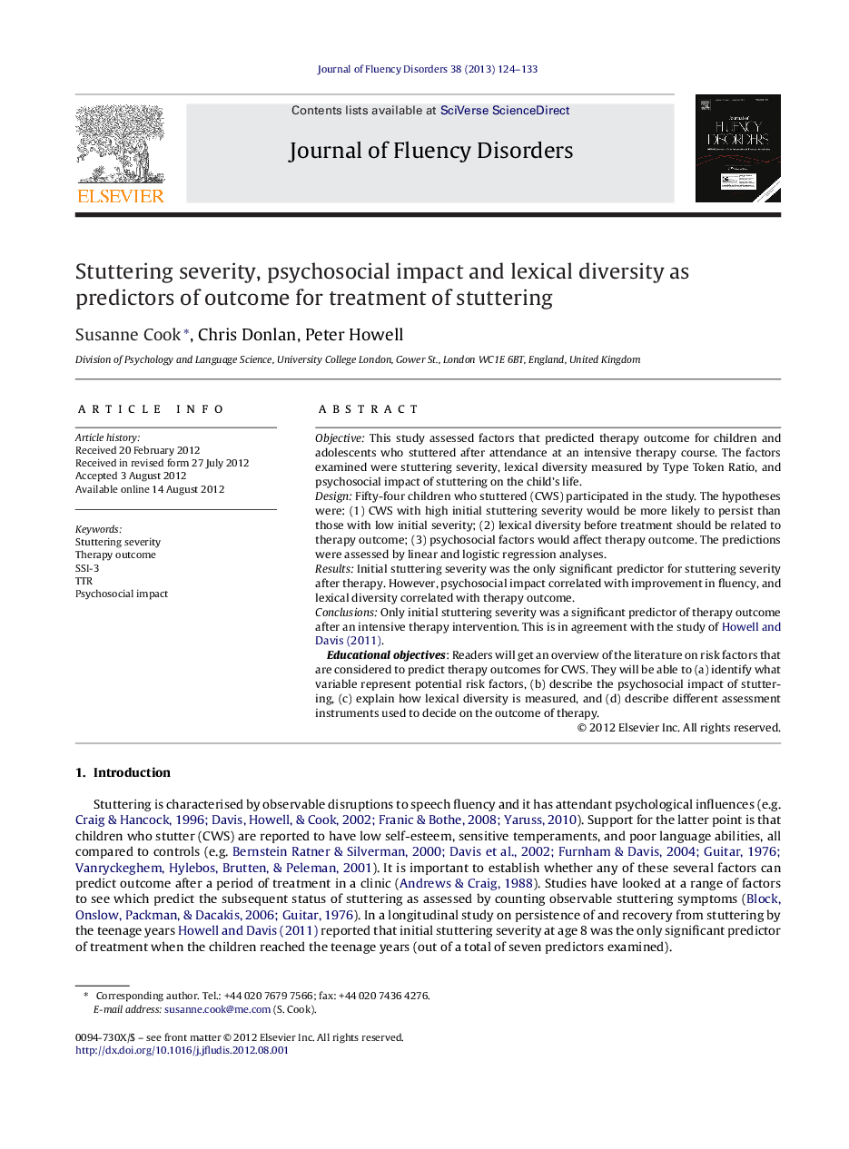 Stuttering severity, psychosocial impact and lexical diversity as predictors of outcome for treatment of stuttering