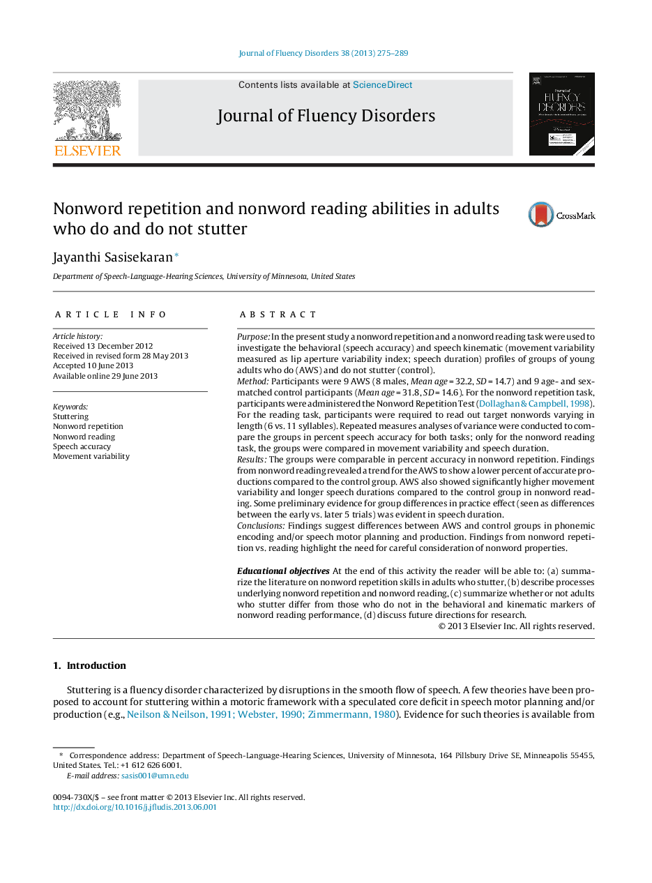 Nonword repetition and nonword reading abilities in adults who do and do not stutter