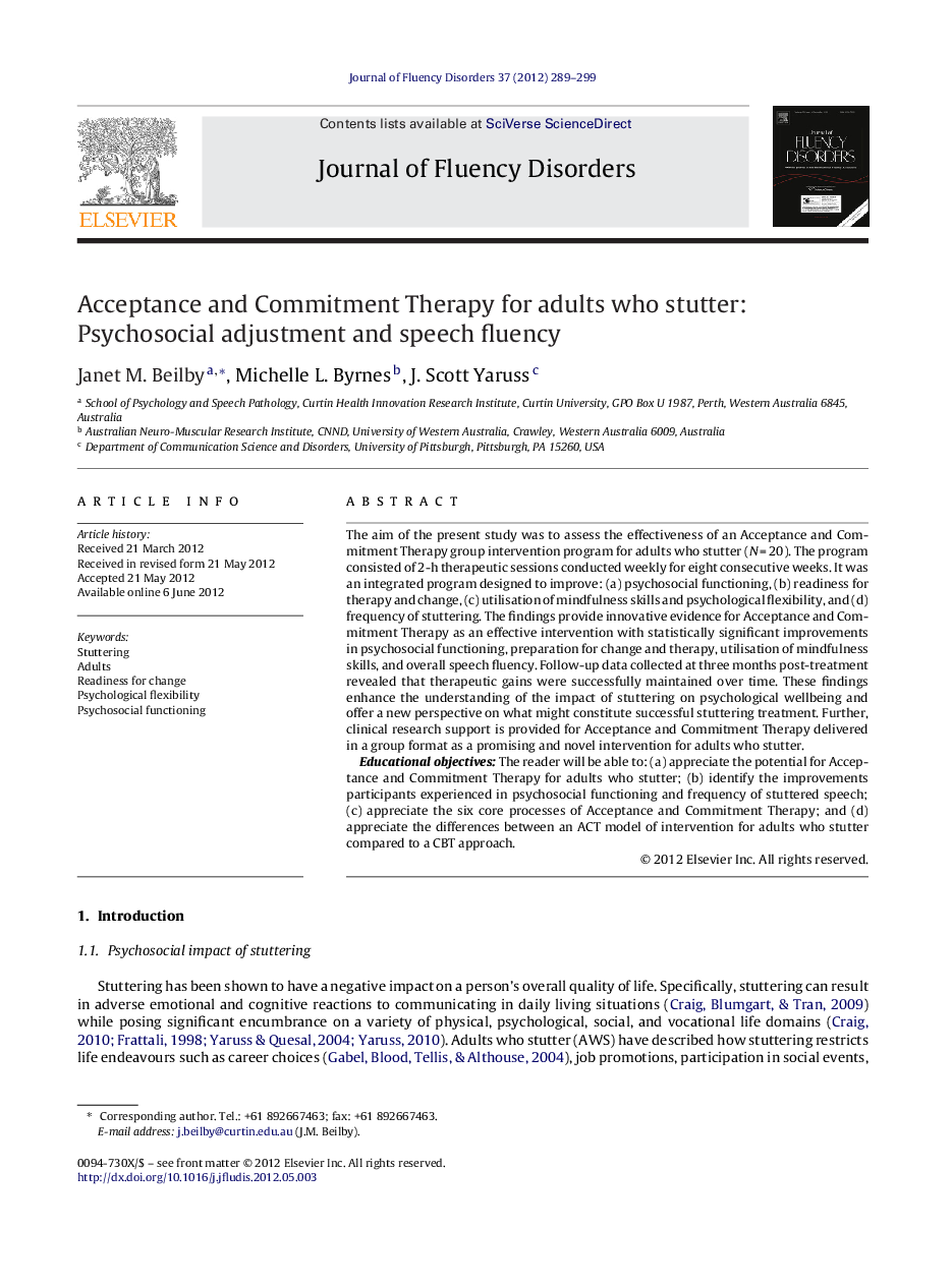 Acceptance and Commitment Therapy for adults who stutter: Psychosocial adjustment and speech fluency