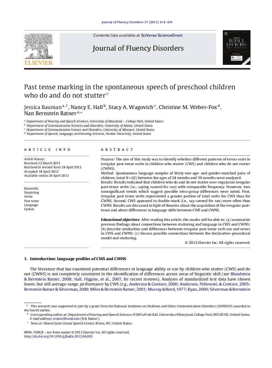 Past tense marking in the spontaneous speech of preschool children who do and do not stutter 