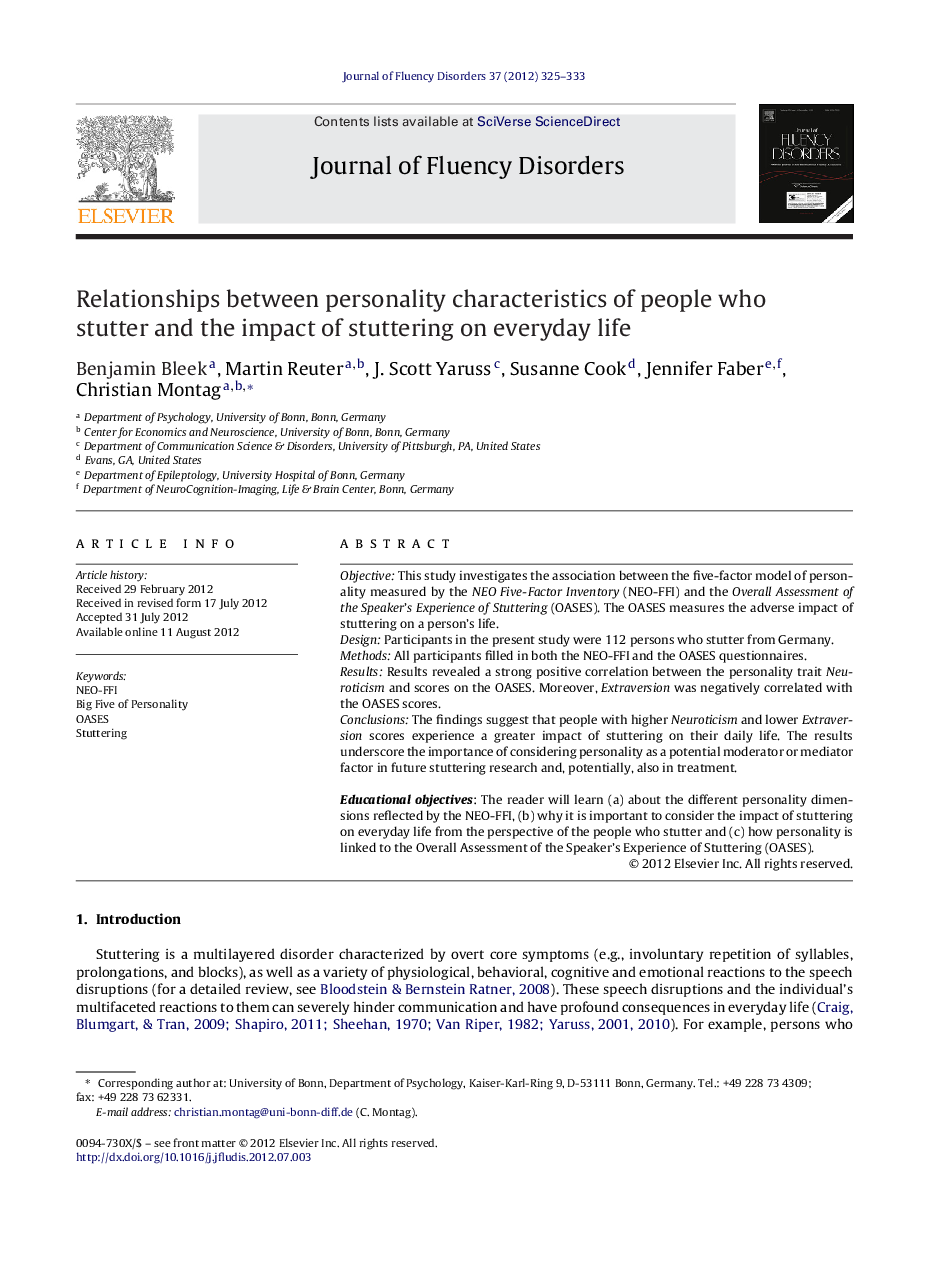 Relationships between personality characteristics of people who stutter and the impact of stuttering on everyday life