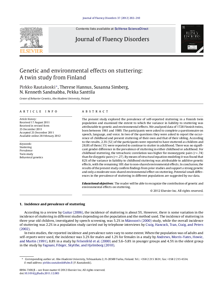 Genetic and environmental effects on stuttering: A twin study from Finland