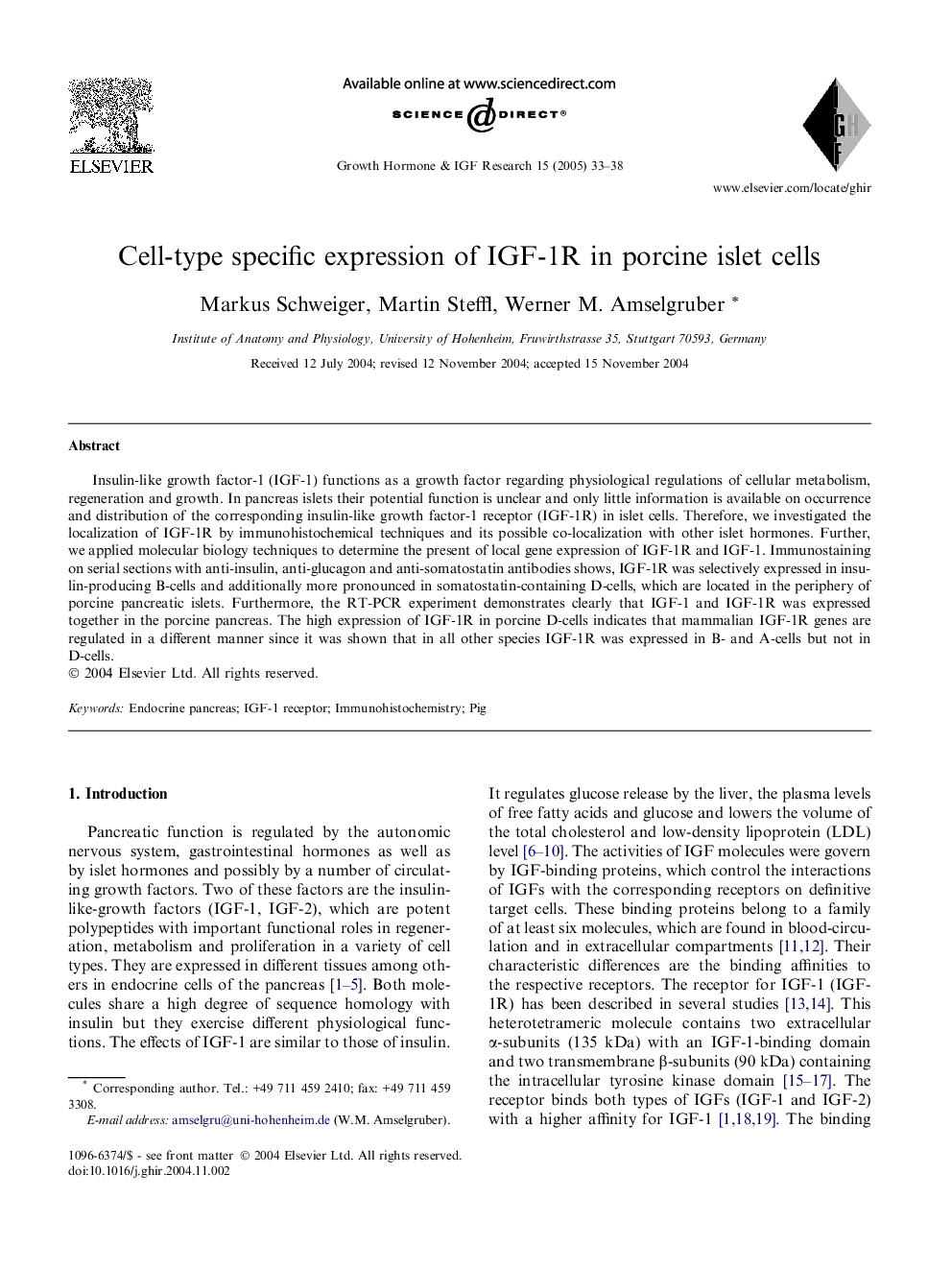 Cell-type specific expression of IGF-1R in porcine islet cells