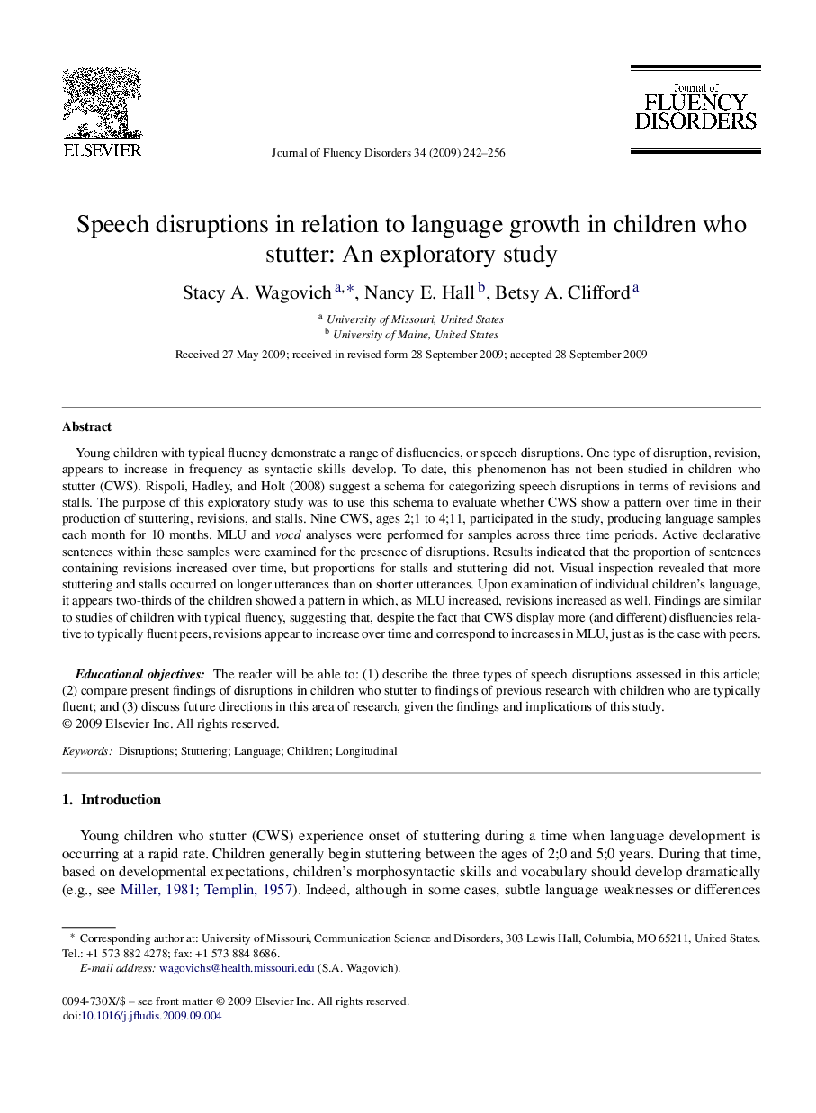 Speech disruptions in relation to language growth in children who stutter: An exploratory study