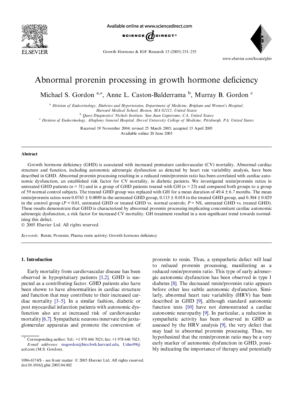 Abnormal prorenin processing in growth hormone deficiency