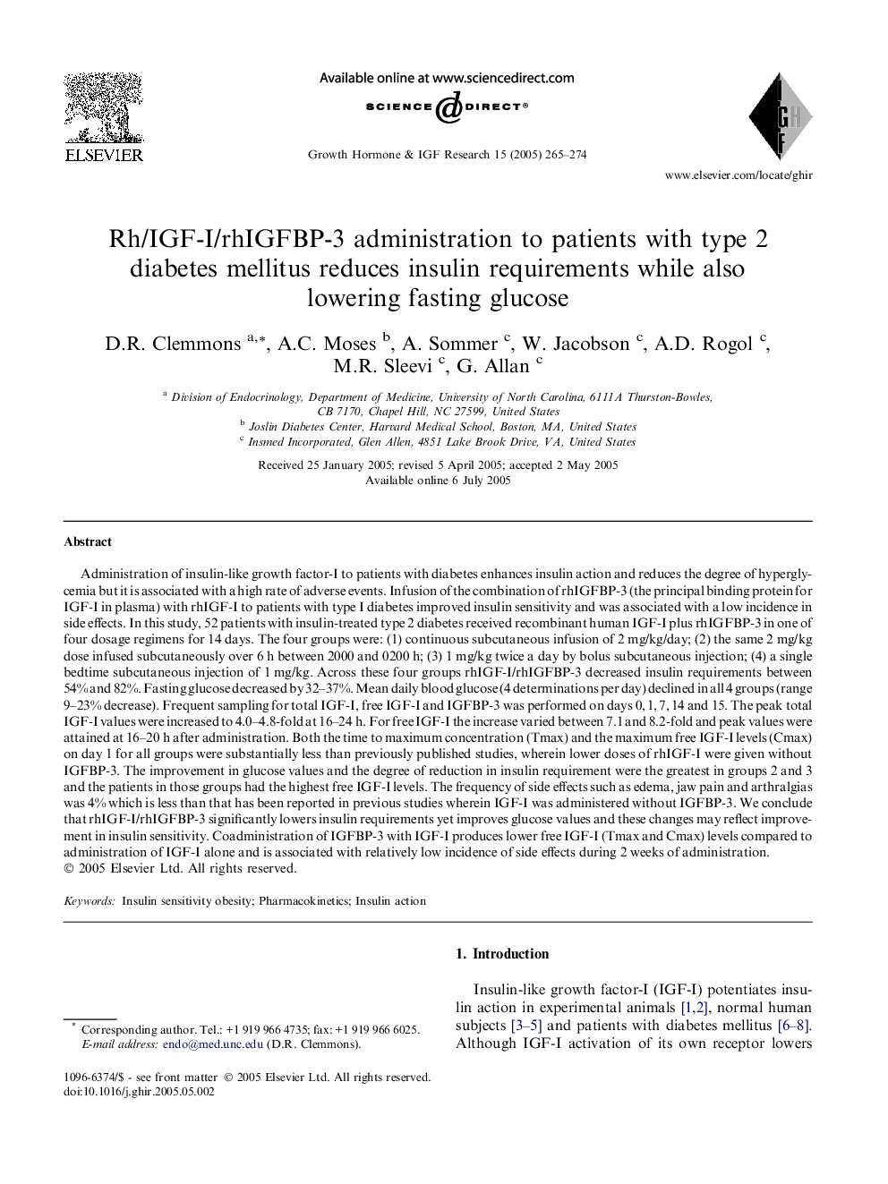 Rh/IGF-I/rhIGFBP-3 administration to patients with type 2 diabetes mellitus reduces insulin requirements while also lowering fasting glucose