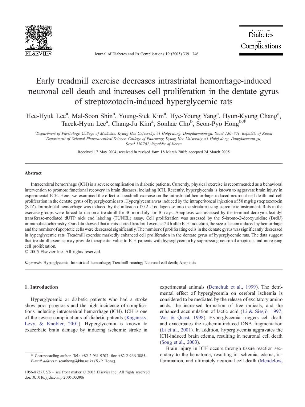 Early treadmill exercise decreases intrastriatal hemorrhage-induced neuronal cell death and increases cell proliferation in the dentate gyrus of streptozotocin-induced hyperglycemic rats