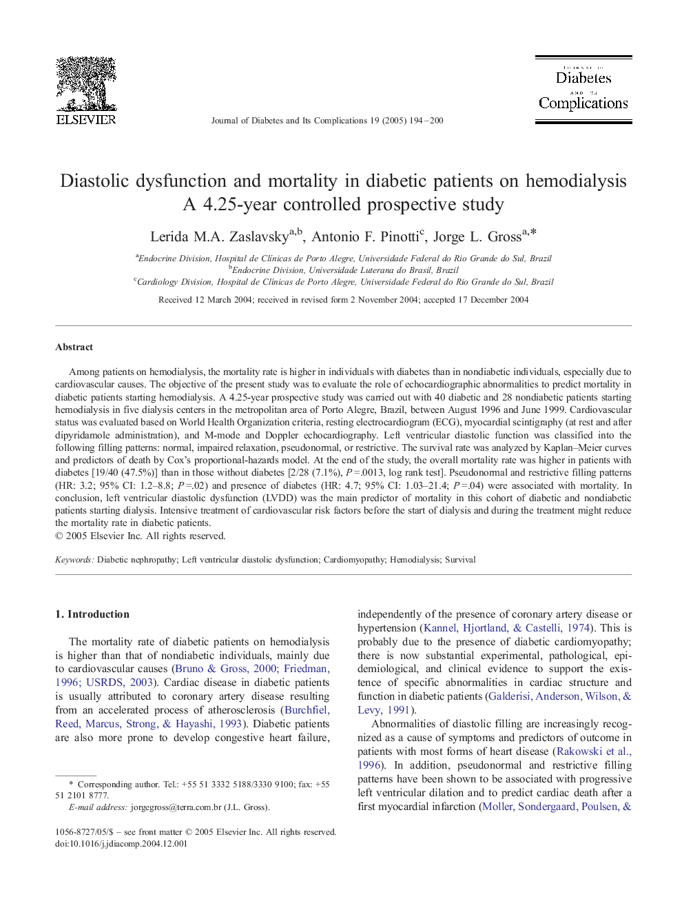 Diastolic dysfunction and mortality in diabetic patients on hemodialysis