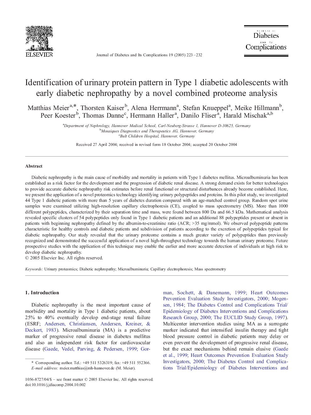 Identification of urinary protein pattern in Type 1 diabetic adolescents with early diabetic nephropathy by a novel combined proteome analysis