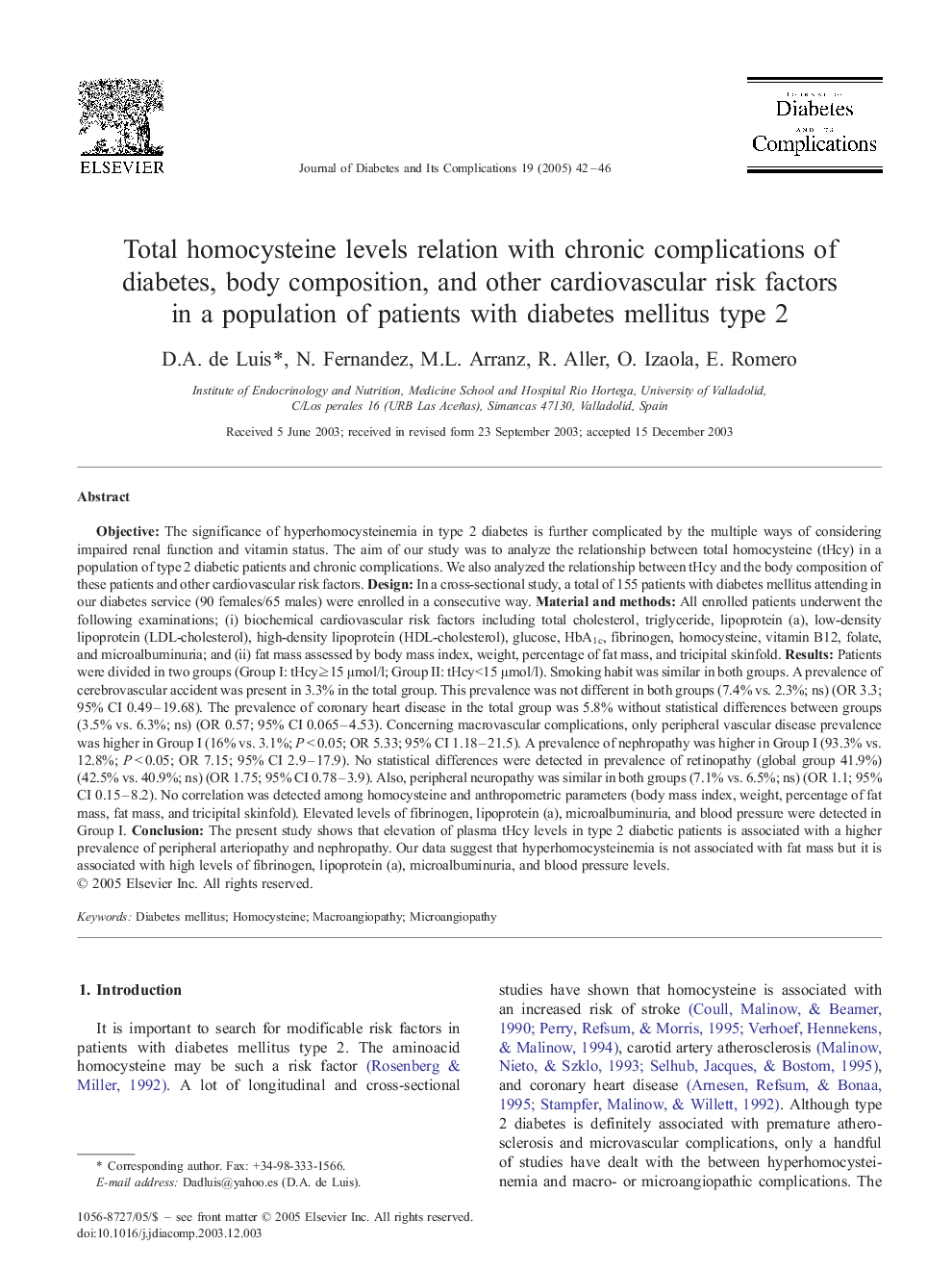 Total homocysteine levels relation with chronic complications of diabetes, body composition, and other cardiovascular risk factors in a population of patients with diabetes mellitus type 2