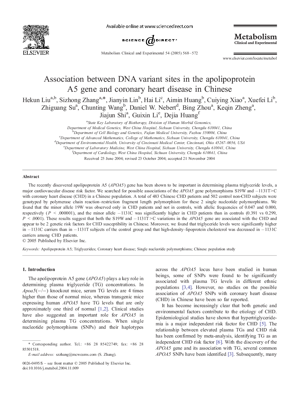 Association between DNA variant sites in the apolipoprotein A5 gene and coronary heart disease in Chinese