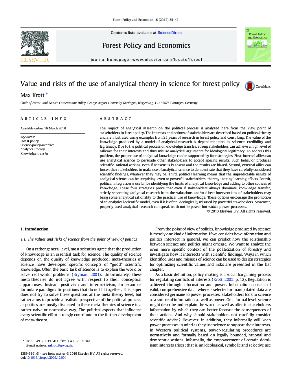 Value and risks of the use of analytical theory in science for forest policy