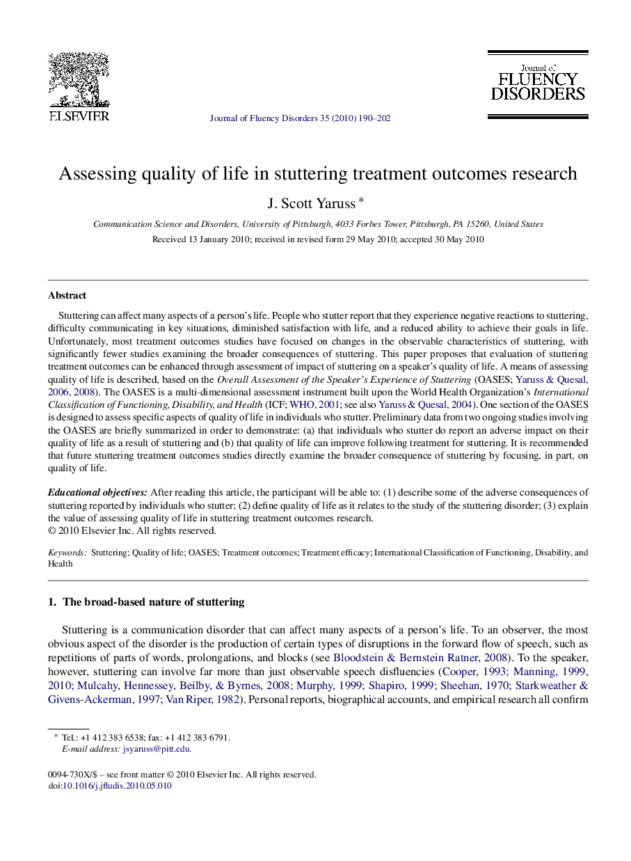 Assessing quality of life in stuttering treatment outcomes research