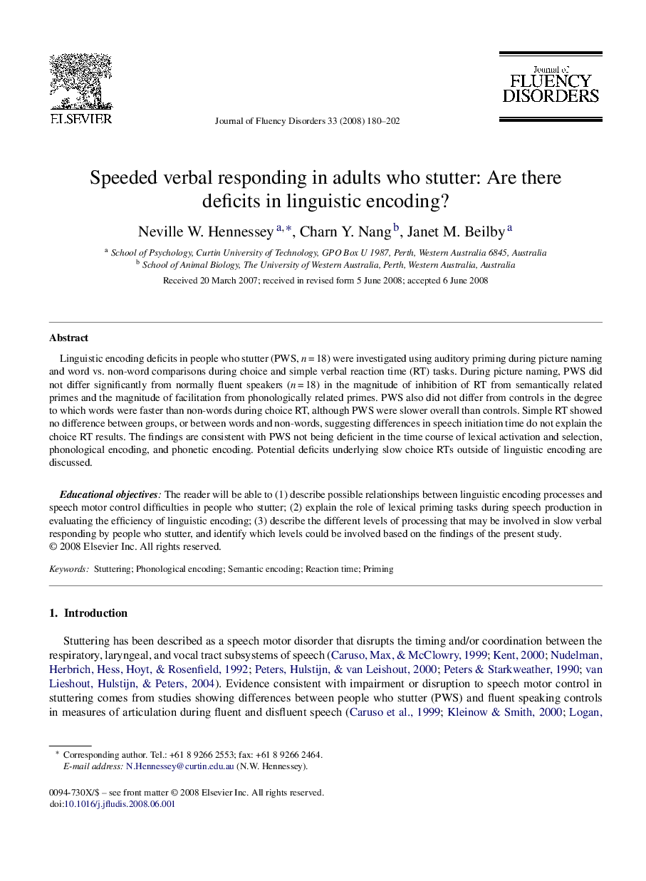 Speeded verbal responding in adults who stutter: Are there deficits in linguistic encoding?