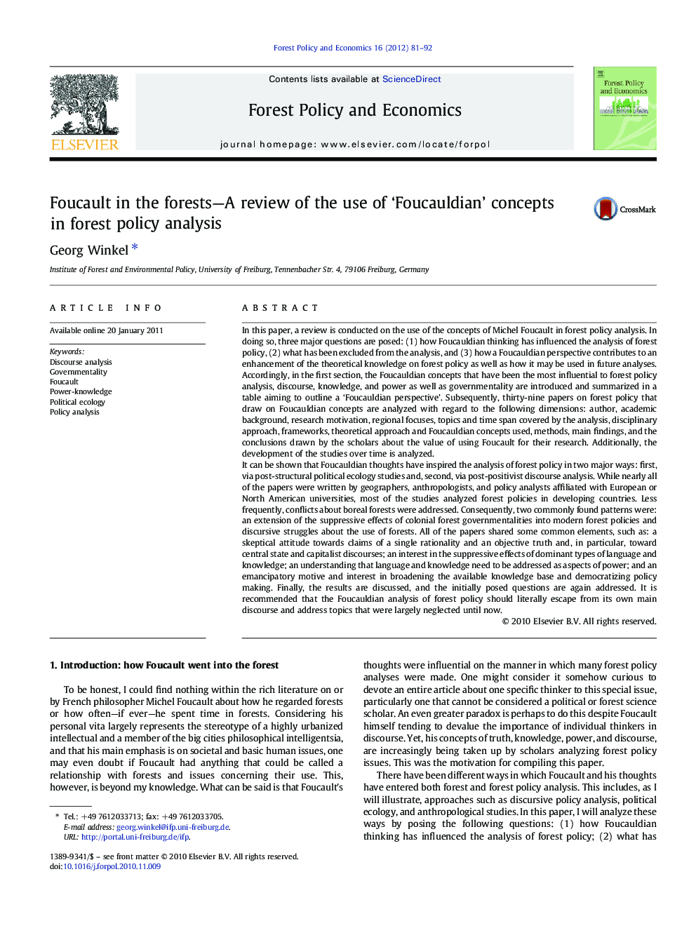 Foucault in the forests—A review of the use of ‘Foucauldian’ concepts in forest policy analysis