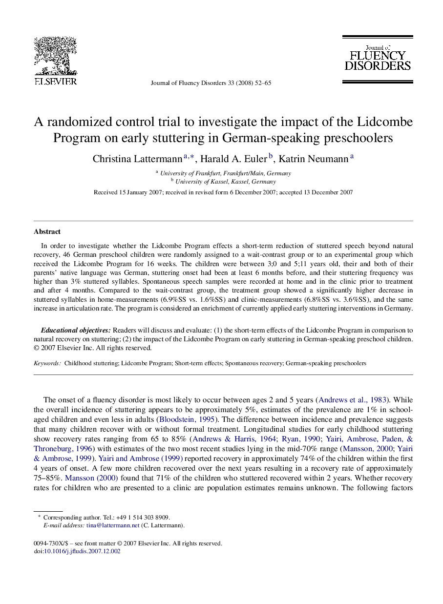 A randomized control trial to investigate the impact of the Lidcombe Program on early stuttering in German-speaking preschoolers