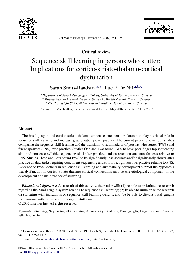 Sequence skill learning in persons who stutter: Implications for cortico-striato-thalamo-cortical dysfunction