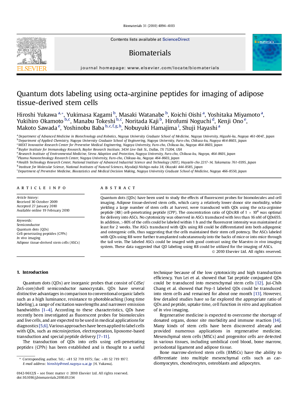 Quantum dots labeling using octa-arginine peptides for imaging of adipose tissue-derived stem cells