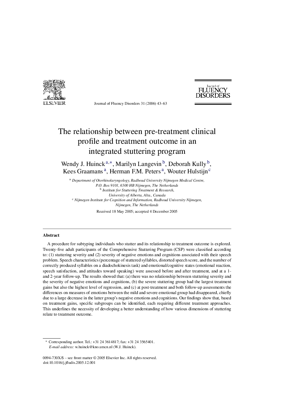 The relationship between pre-treatment clinical profile and treatment outcome in an integrated stuttering program