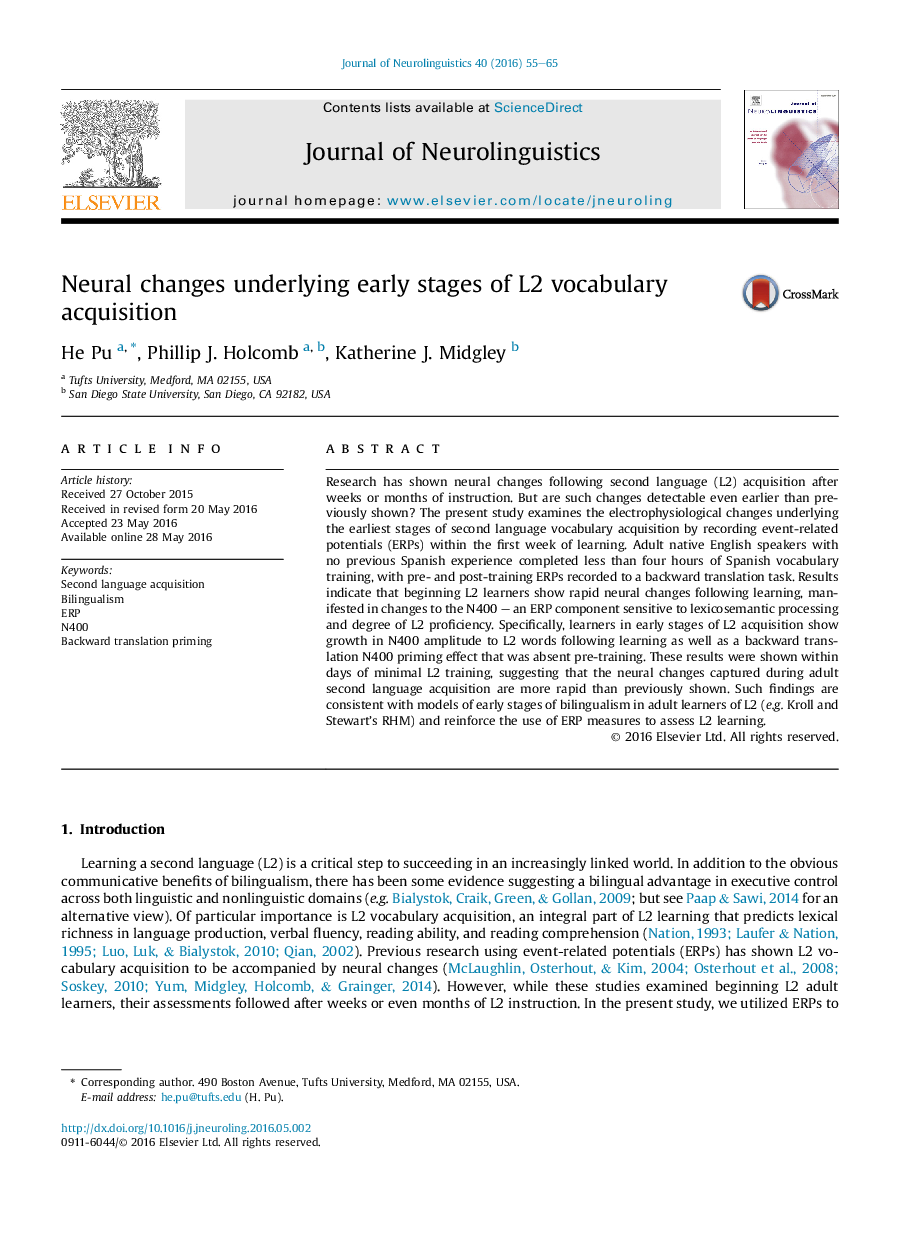 Neural changes underlying early stages of L2 vocabulary acquisition