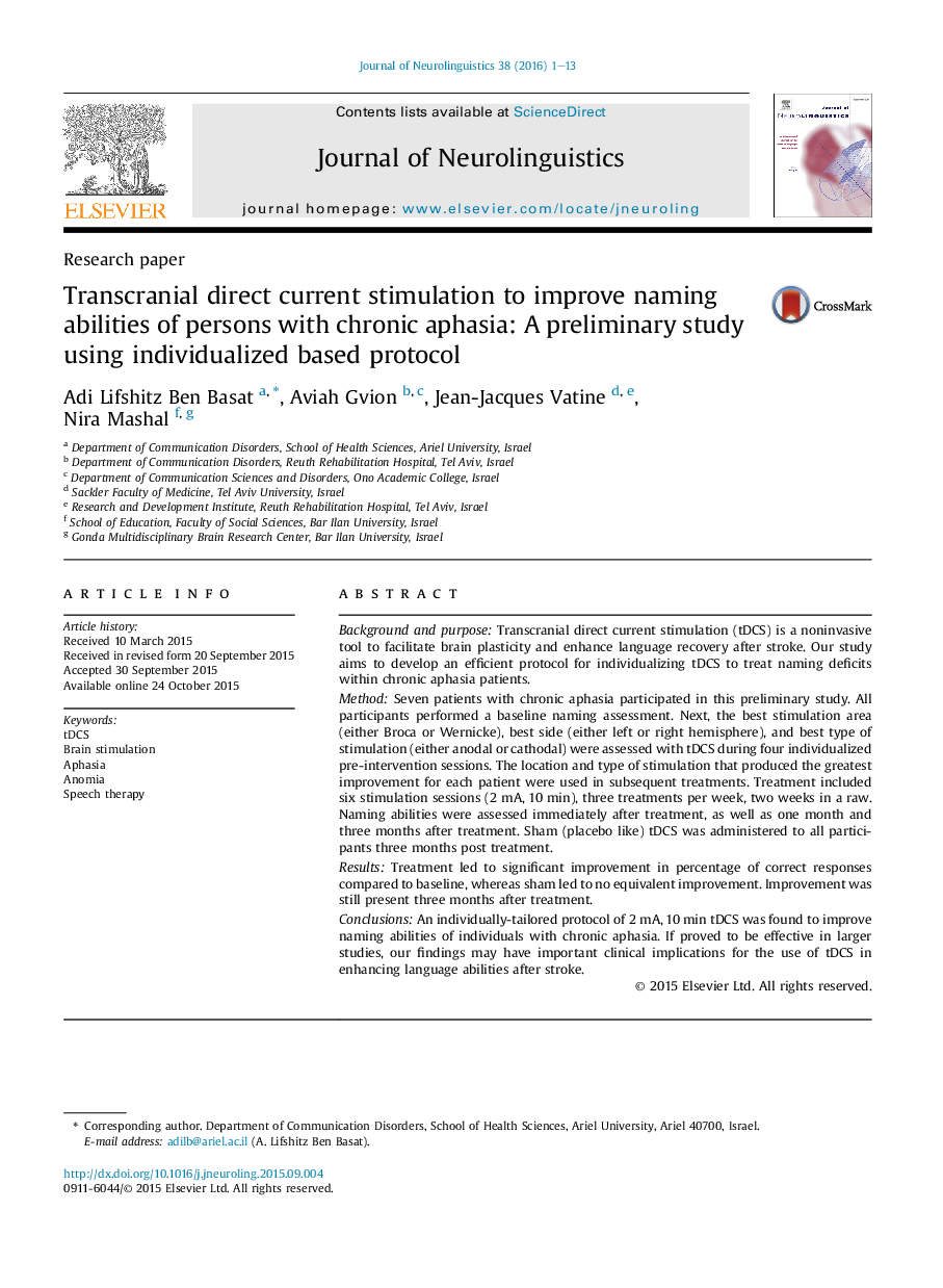 Transcranial direct current stimulation to improve naming abilities of persons with chronic aphasia: A preliminary study using individualized based protocol