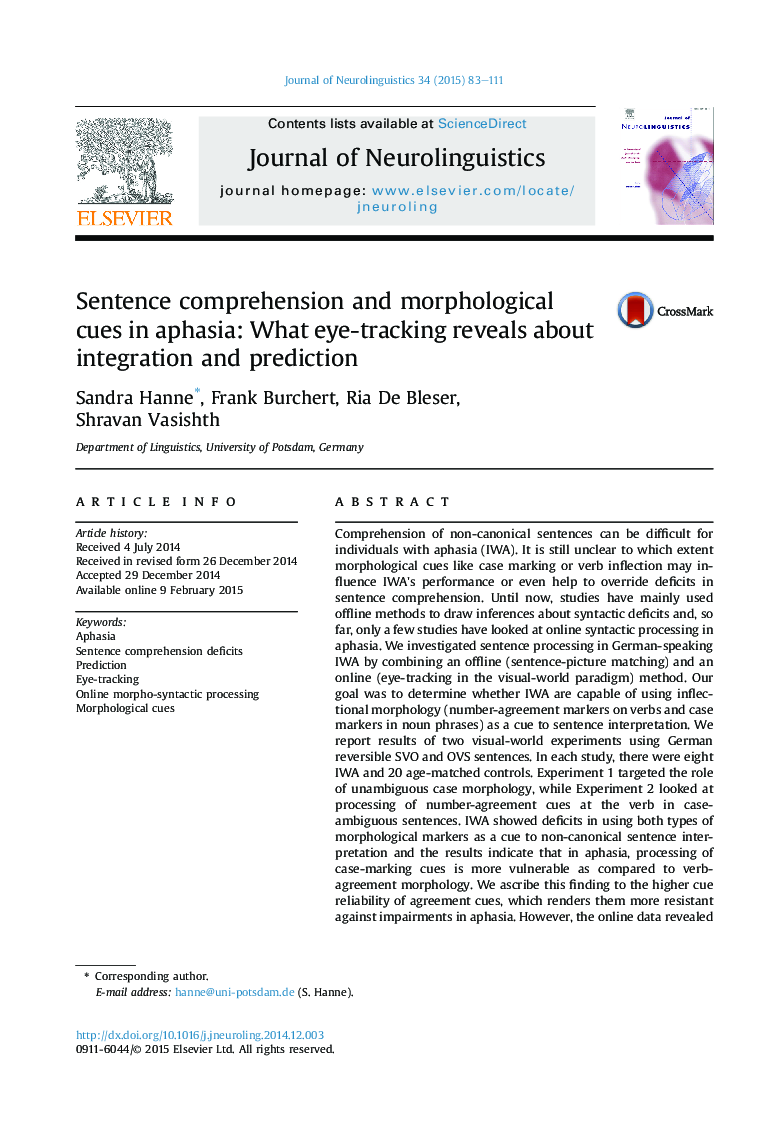 Sentence comprehension and morphological cues in aphasia: What eye-tracking reveals about integration and prediction