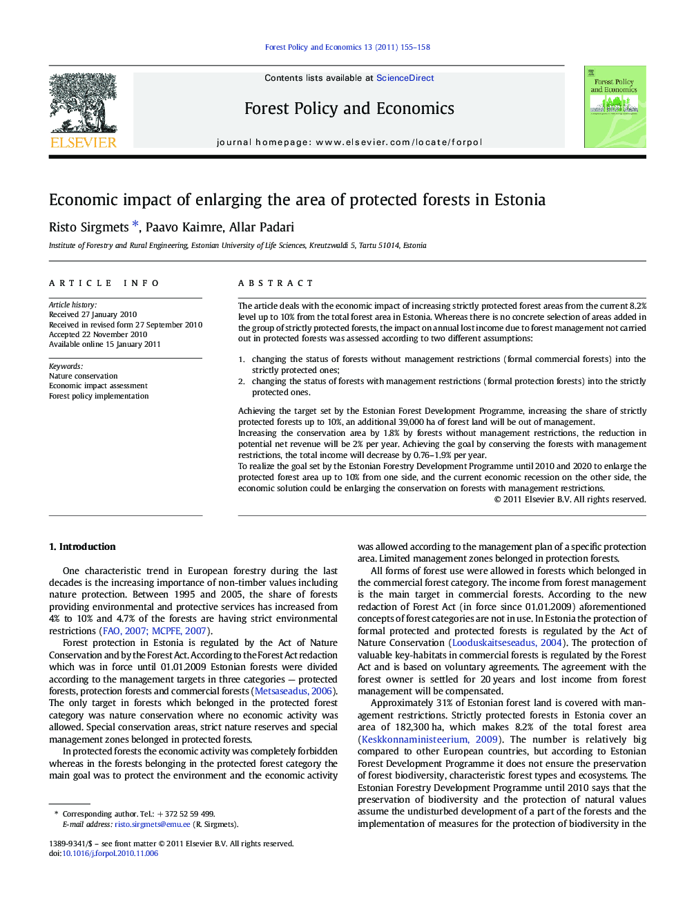 Economic impact of enlarging the area of protected forests in Estonia