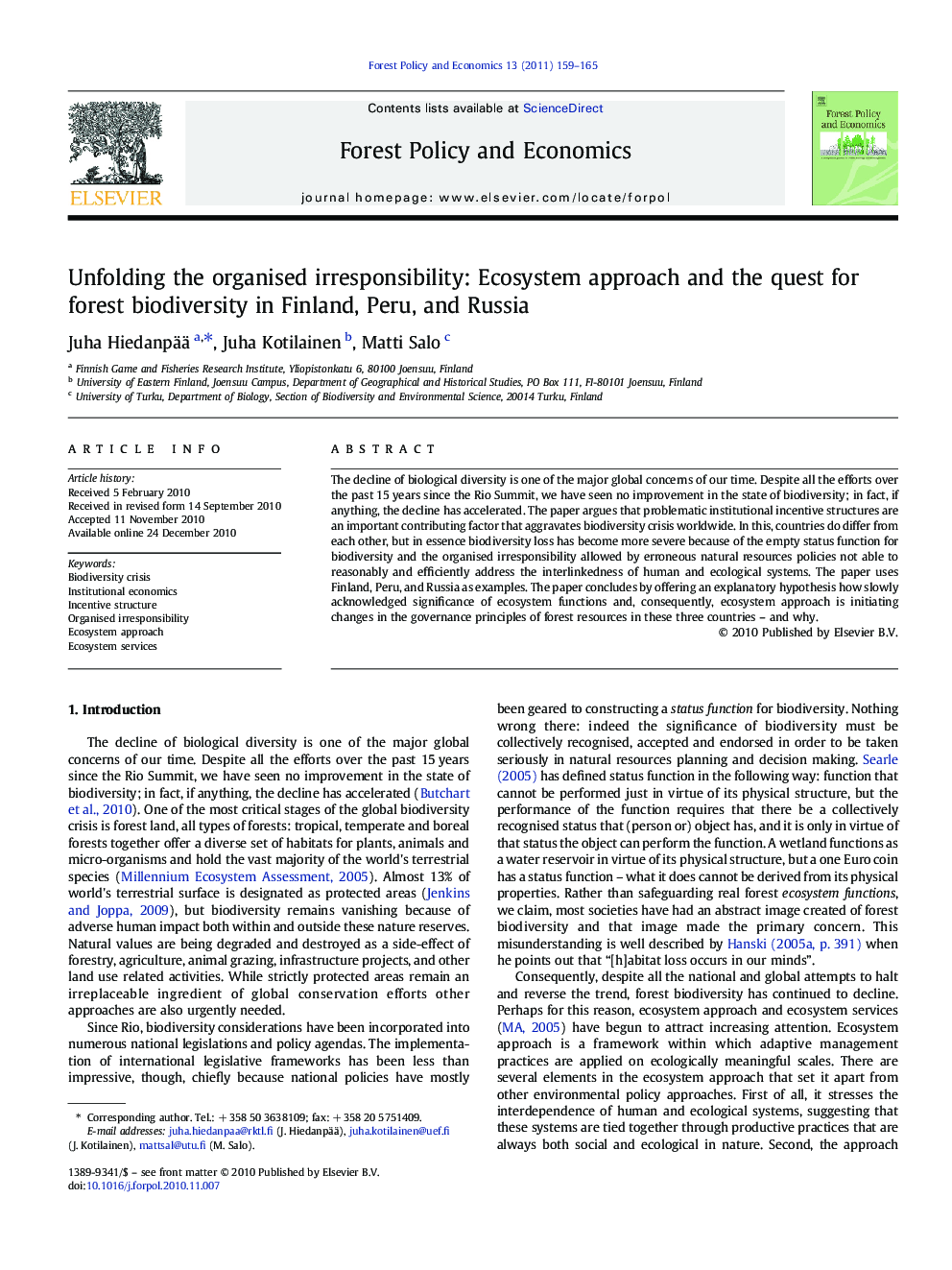 Unfolding the organised irresponsibility: Ecosystem approach and the quest for forest biodiversity in Finland, Peru, and Russia