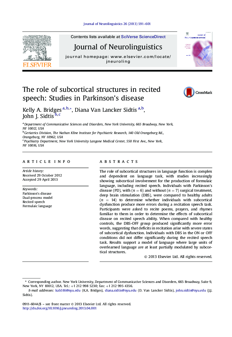 The role of subcortical structures in recited speech: Studies in Parkinson's disease