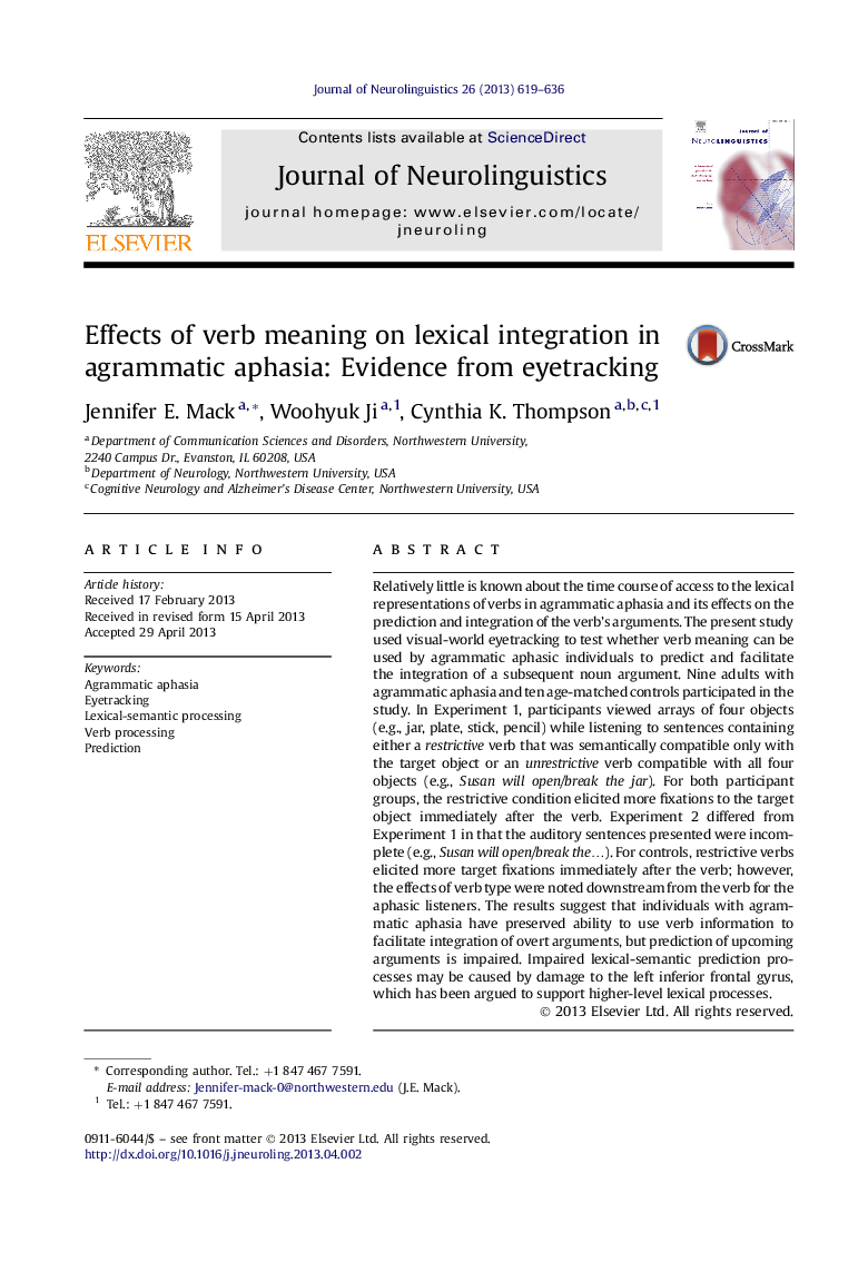 Effects of verb meaning on lexical integration in agrammatic aphasia: Evidence from eyetracking