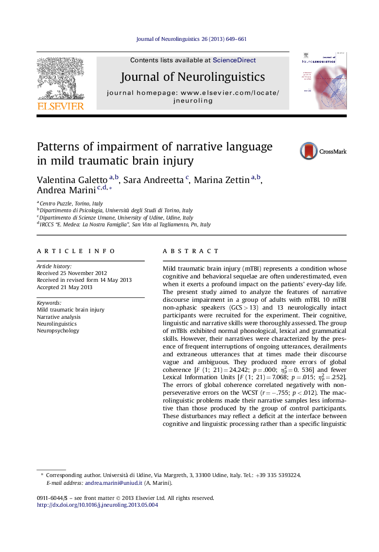 Patterns of impairment of narrative language in mild traumatic brain injury