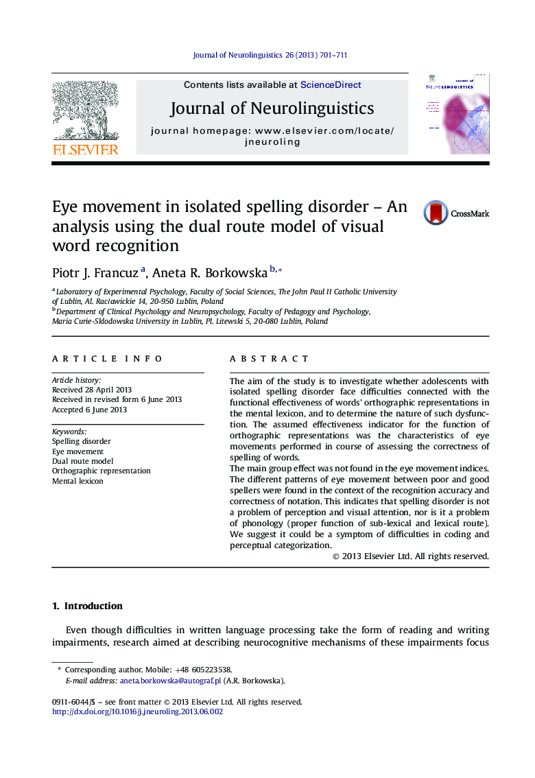 Eye movement in isolated spelling disorder – An analysis using the dual route model of visual word recognition