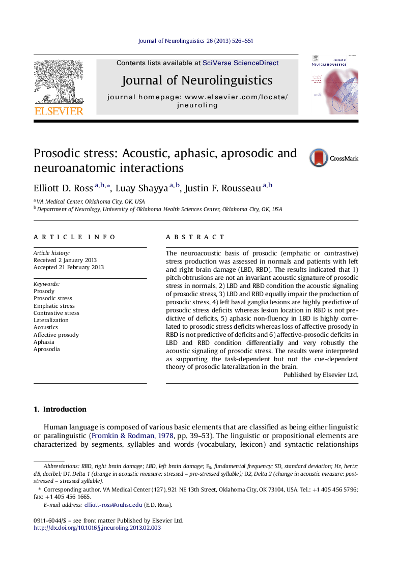 Prosodic stress: Acoustic, aphasic, aprosodic and neuroanatomic interactions