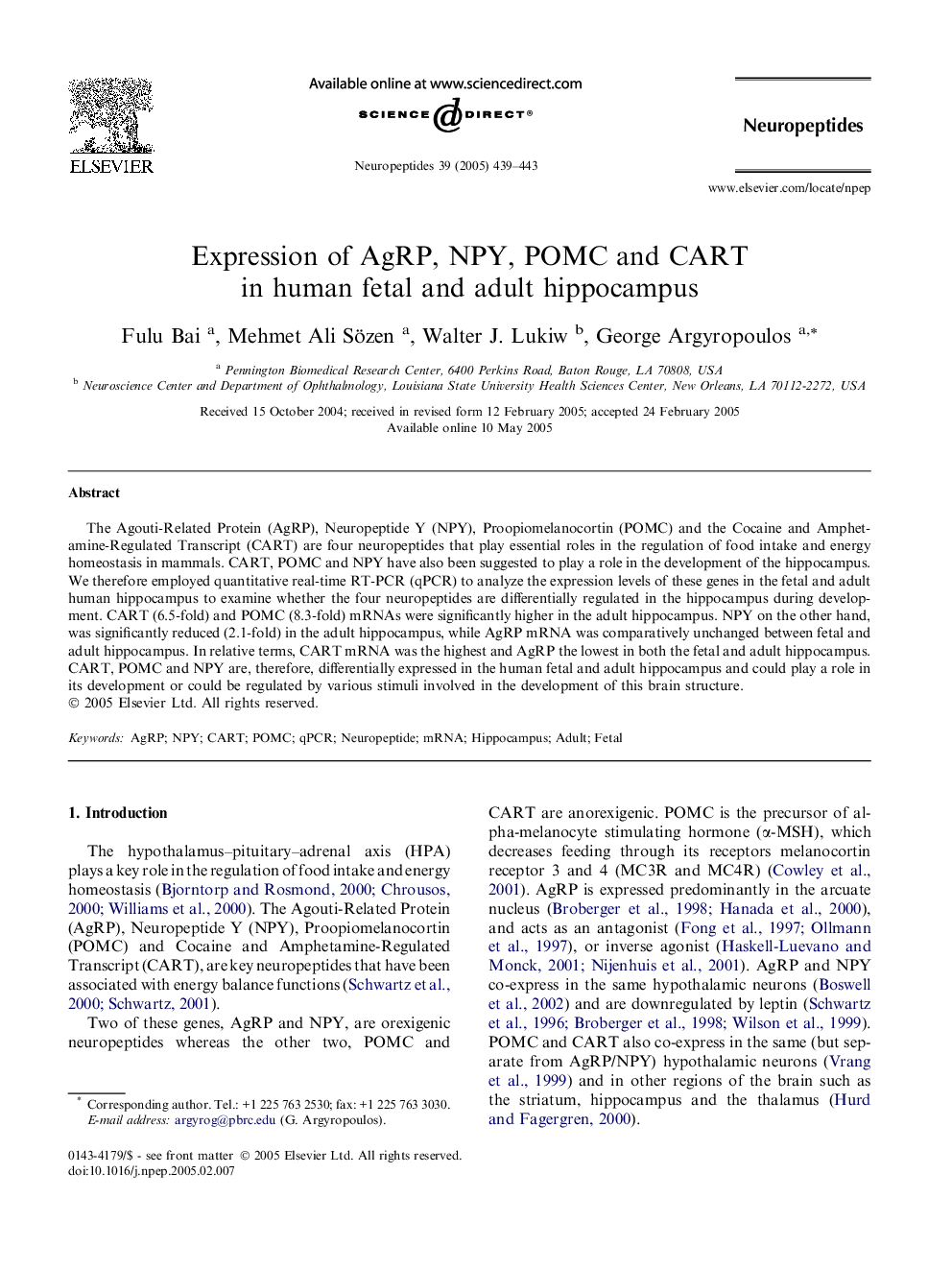 Expression of AgRP, NPY, POMC and CART in human fetal and adult hippocampus