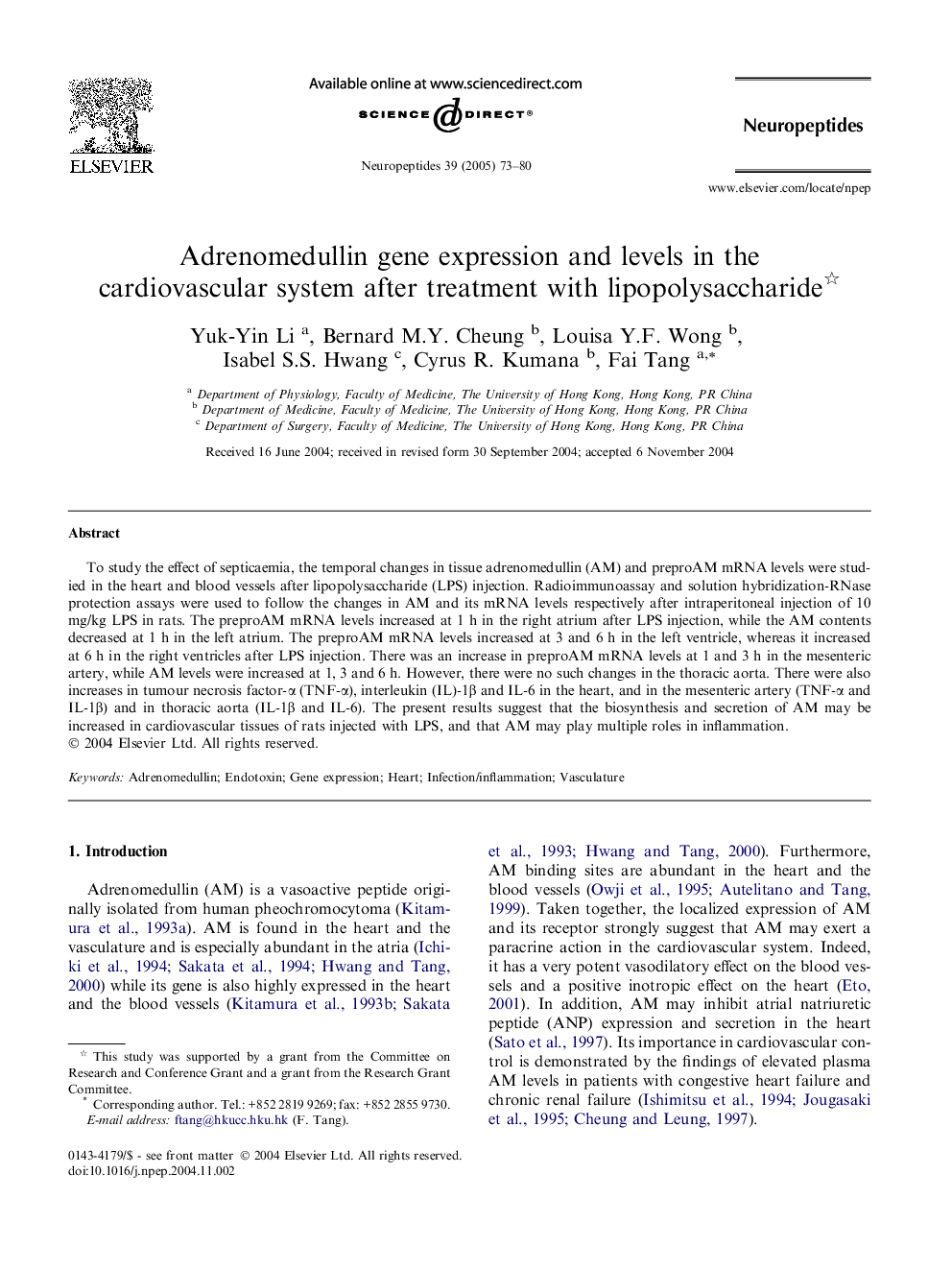 Adrenomedullin gene expression and levels in the cardiovascular system after treatment with lipopolysaccharide