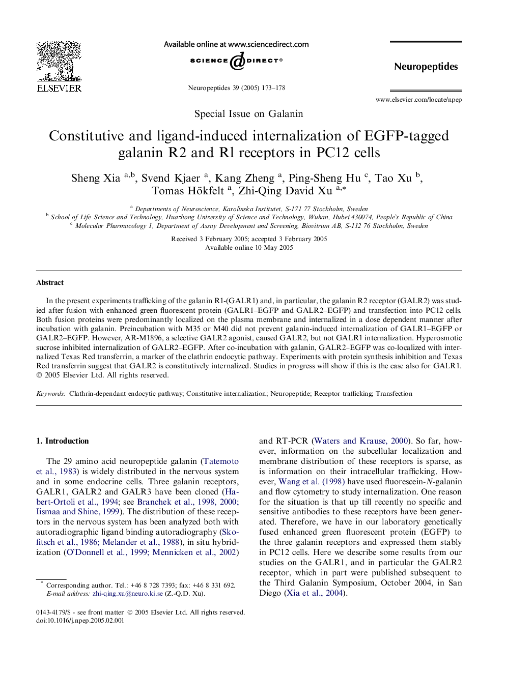 Constitutive and ligand-induced internalization of EGFP-tagged galanin R2 and Rl receptors in PC12 cells