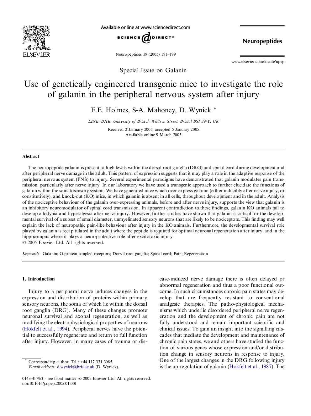 Use of genetically engineered transgenic mice to investigate the role of galanin in the peripheral nervous system after injury