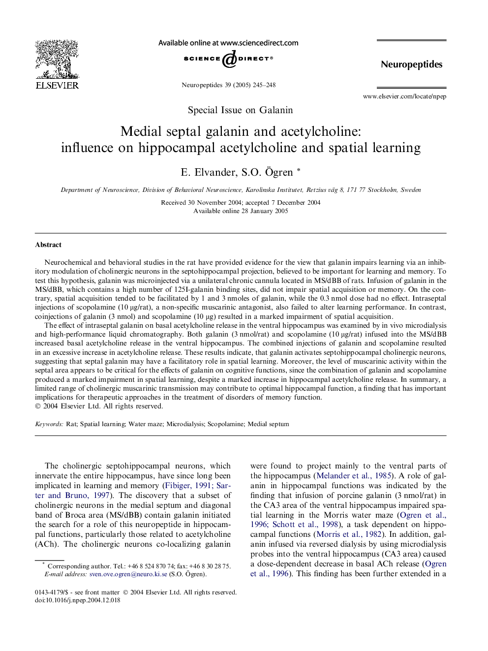 Medial septal galanin and acetylcholine: influence on hippocampal acetylcholine and spatial learning