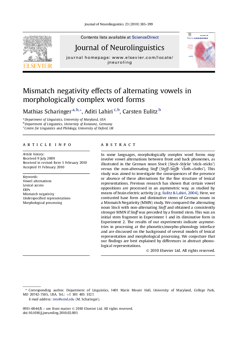 Mismatch negativity effects of alternating vowels in morphologically complex word forms