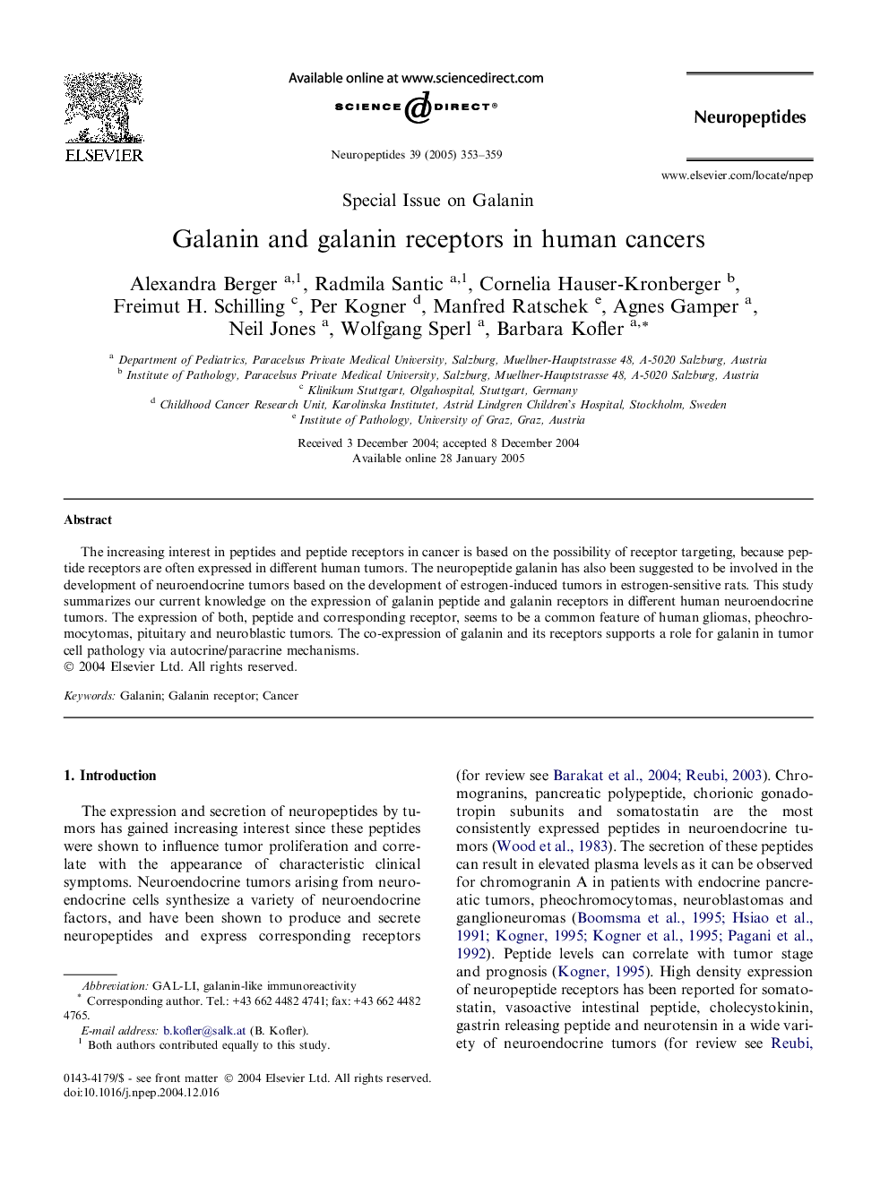 Galanin and galanin receptors in human cancers