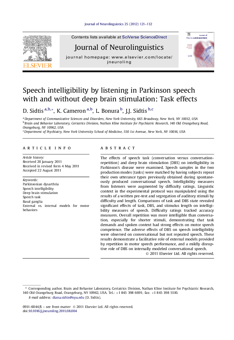 Speech intelligibility by listening in Parkinson speech with and without deep brain stimulation: Task effects