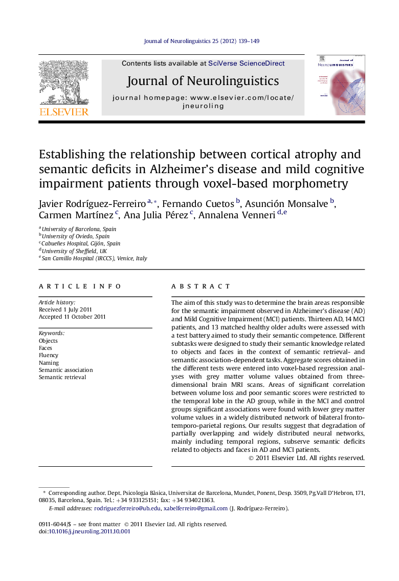 Establishing the relationship between cortical atrophy and semantic deficits in Alzheimer’s disease and mild cognitive impairment patients through voxel-based morphometry