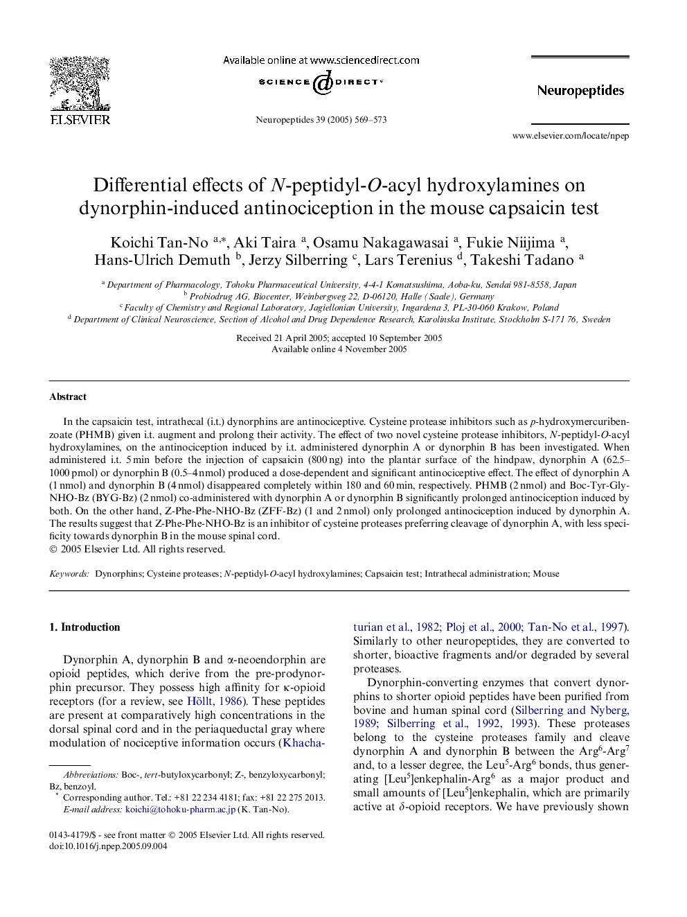 Differential effects of N-peptidyl-O-acyl hydroxylamines on dynorphin-induced antinociception in the mouse capsaicin test