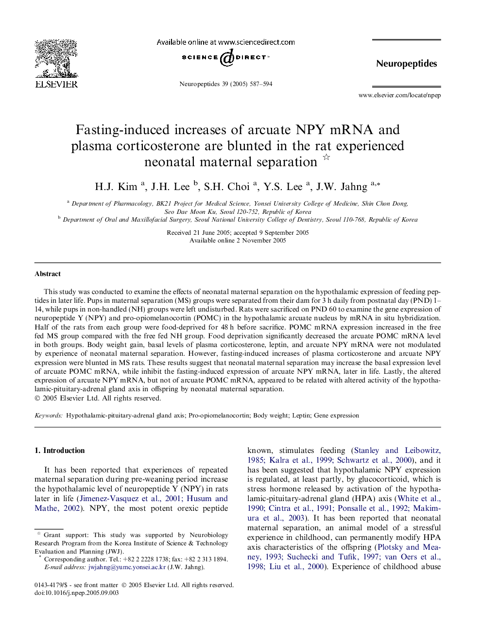 Fasting-induced increases of arcuate NPY mRNA and plasma corticosterone are blunted in the rat experienced neonatal maternal separation