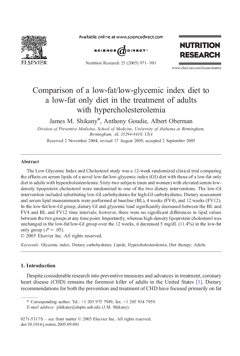 Comparison of a low-fat/low-glycemic index diet to a low-fat only diet in the treatment of adults with hypercholesterolemia