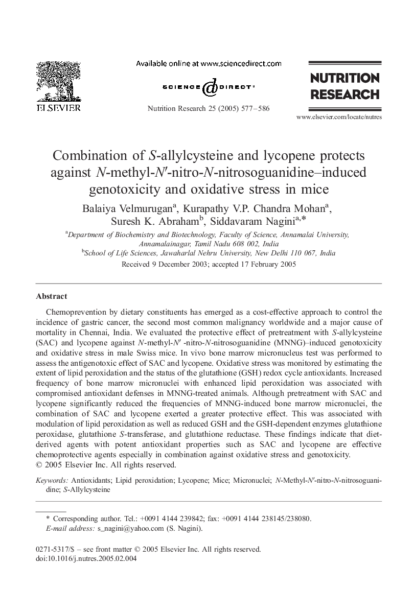 Combination of S-allylcysteine and lycopene protects against N-methyl-Nâ²-nitro-N-nitrosoguanidine-induced genotoxicity and oxidative stress in mice