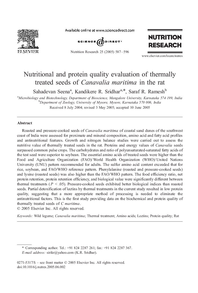 Nutritional and protein quality evaluation of thermally treated seeds of Canavalia maritima in the rat
