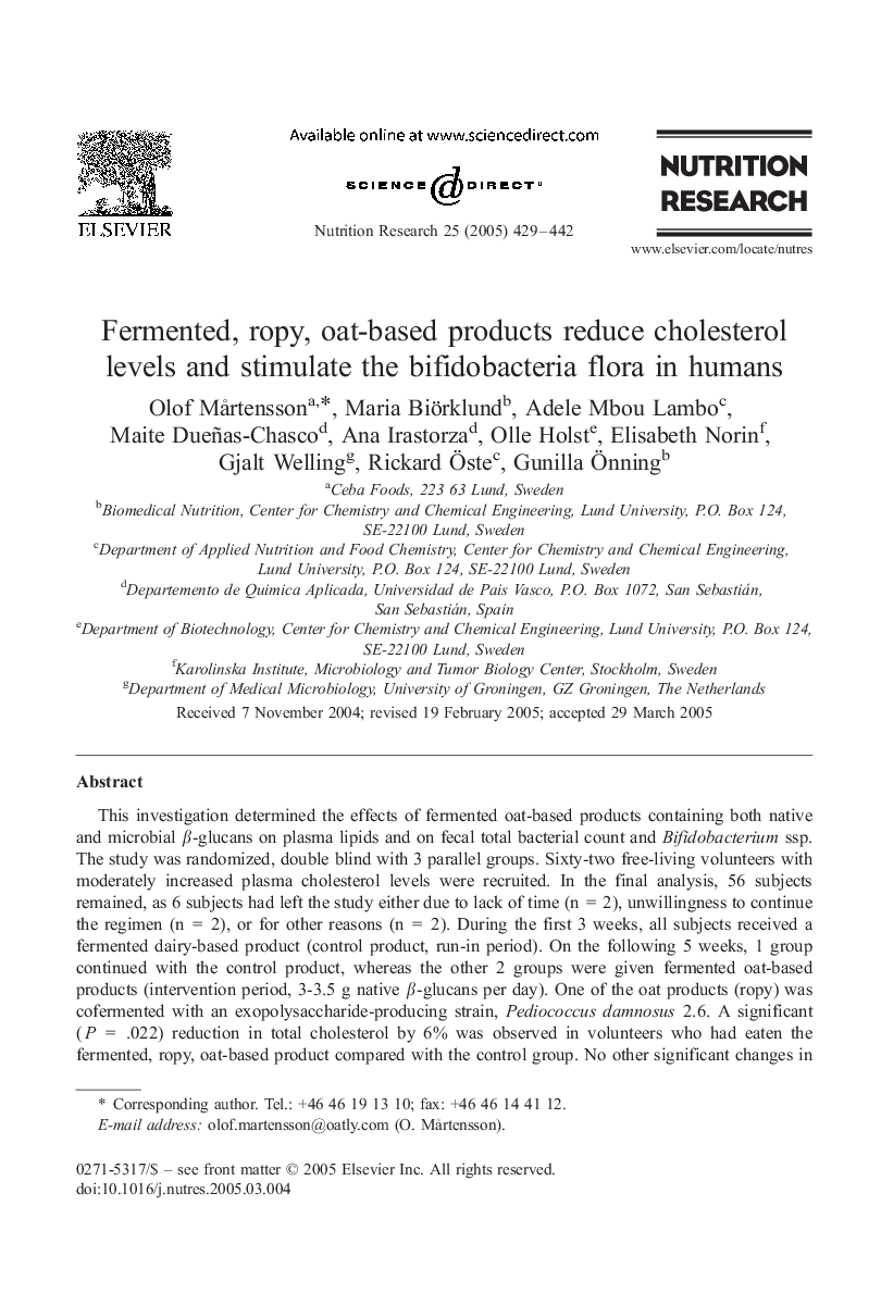 Fermented, ropy, oat-based products reduce cholesterol levels and stimulate the bifidobacteria flora in humans